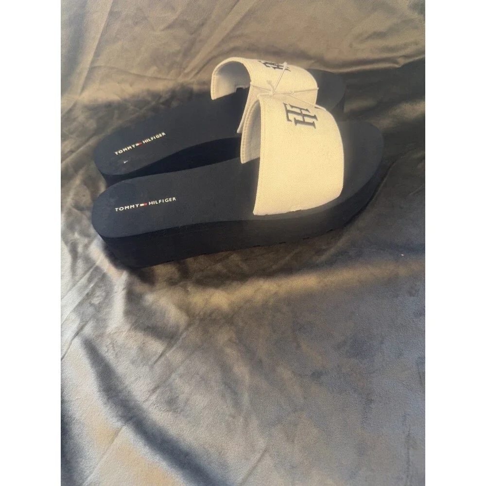 Tommy Hilfiger Mens TWADELIN-C Slide Sandals Black/White Logo US 10 Textile